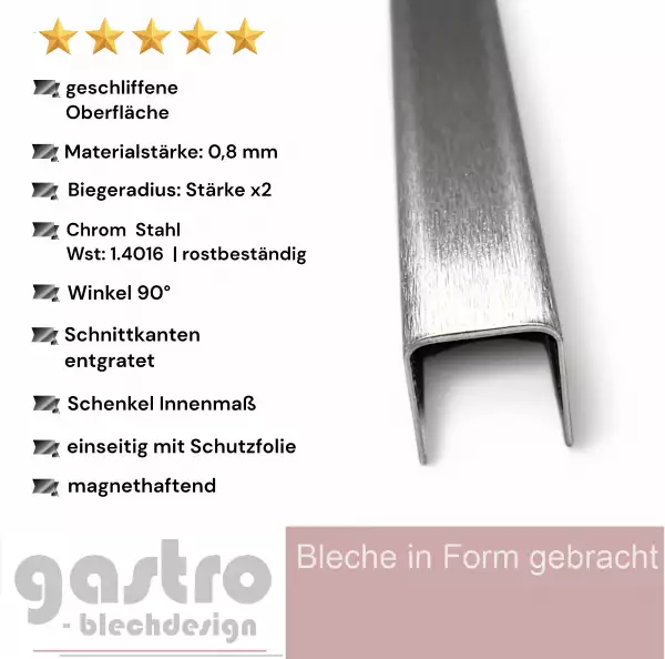 Edelstahl K240 U-Profil, ferromagnetisch, 0,8mm stark, Wst 1.4016